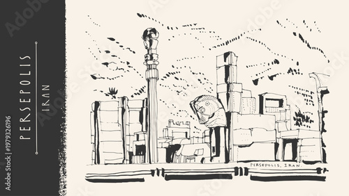 Persepolis, Iran. Ancient architecture. UNESCO reliefs. Persian lion bull stone columns. Xerxes Darius Achaemenid empire palace. Archaeology ruins Shiraz. Hand drawn vector sketch. Vintage postcard