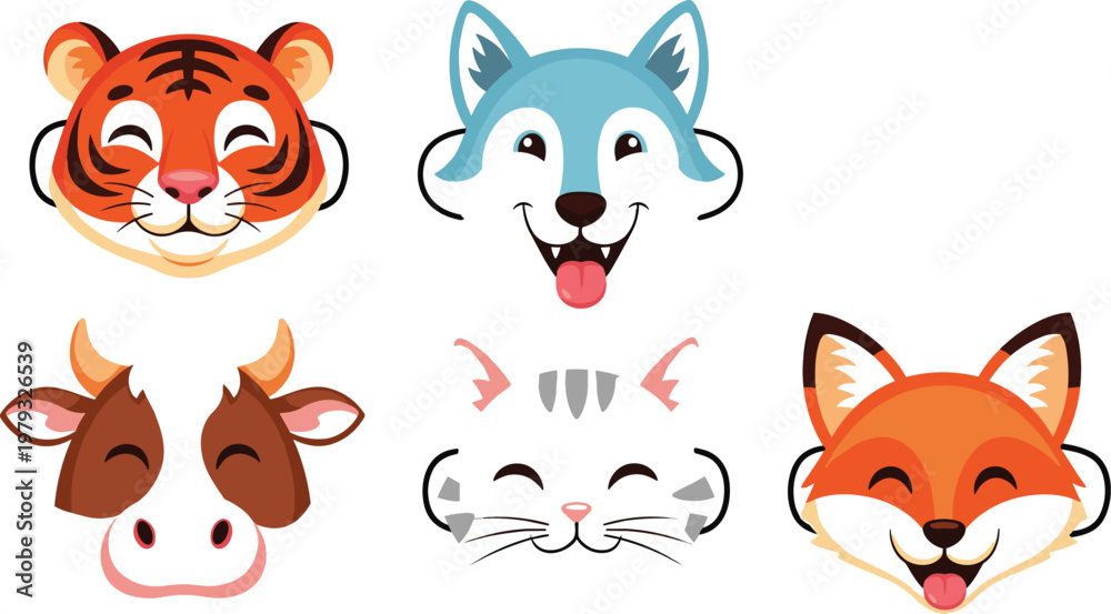 Fototapeta premium Cute Animal Faces Vector Set Featuring Tiger, Wolf, Cow, Cat, and Fox for Children’s Design, Mascot Art, and Fun Illustrations