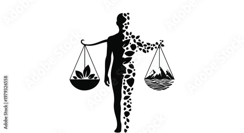 Silhouette of person balancing nature and industry on scales, representing environmental balance.