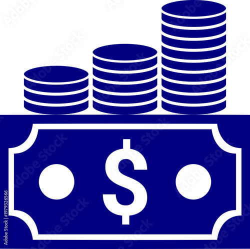 Blue budget icon vector design with dollar banknote and ascending coin stacks for finance, savings, investment, profit growth, wealth management, business planning, and economic success graphics