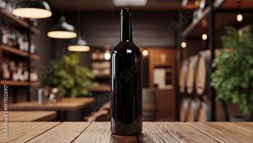 Blank wine bottle mockup on rustic wooden table in cozy bar interior with warm lights