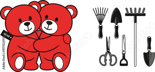 Cute Red Teddy Bears and Gardening Tool Vector Set with Hugging Toy, Rake, Shovel, Trowel, Scissors, and Hand Tools Illustrations for Editable Kids, Garden, and Hobby Designs