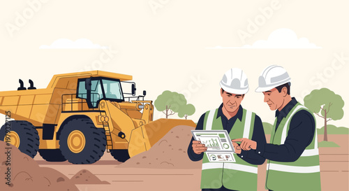 Two construction workers in hard hats and vests examine blueprints next to a large yellow dump truck on a dirt site with trees.