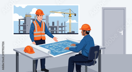 Two construction workers review blueprints at a table in an office with a cityscape background.