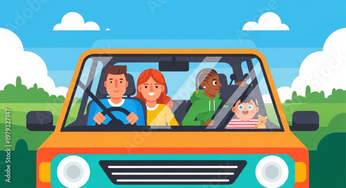 Family enjoying a road trip in a car together.