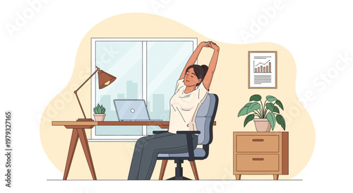 A woman stretches while sitting at her desk in a home office environment with laptop.