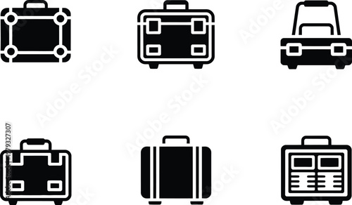 Six black silhouette suitcase and luggage icons of various designs on white background travel baggage