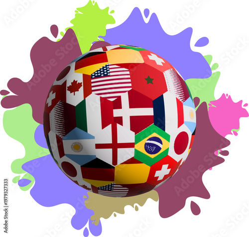 Vibrant soccer ball with flags from around the world on colorful splashes