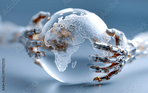 Futuristic robotic hands holding transparent digital globe concept of global peace and tech amity