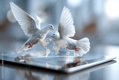 Two white doves flying over digital world map on tablet for global peace, amity symbol