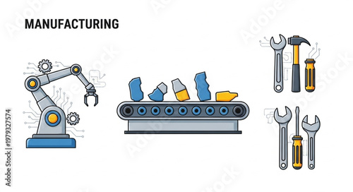 Industrial manufacturing process with robotic arm and conveyor belt.