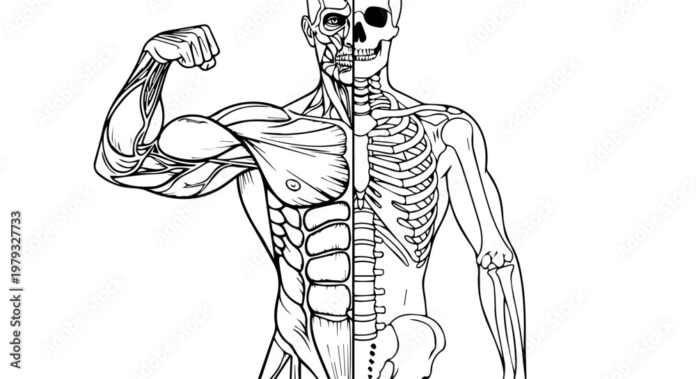 Fototapeta premium Anatomical skeleton with muscular system illustration showing flexed arm.