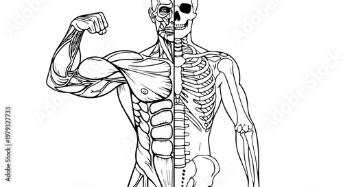 Anatomical skeleton with muscular system illustration showing flexed arm.