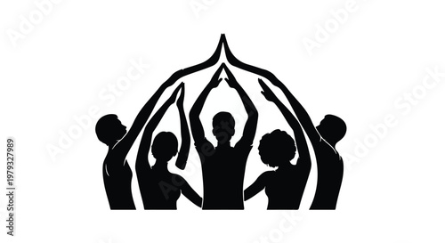 Diverse group of people reaching up together, forming a protective canopy of unity and support