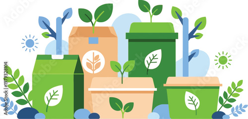 Sustainable Packaging: Vibrant illustration of sustainable packaging options showcasing eco-friendly alternatives and a commitment to environmental stewardship.