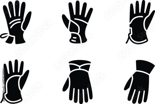 Collection of Six Different Black Glove Icons on White Background gloves hand