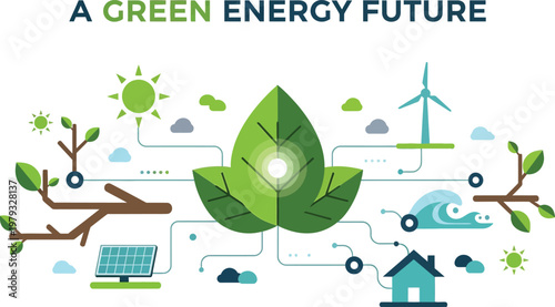 Green Energy Future: a vibrant illustration showcasing sustainable energy sources, symbolizing the harmonious balance between nature and innovative technology for a promising tomorrow.