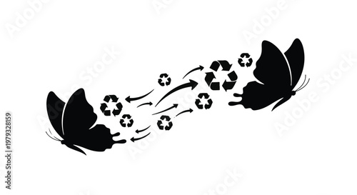 Butterflies transforming into recycling symbols, symbolizing ecological transformation and sustainability.