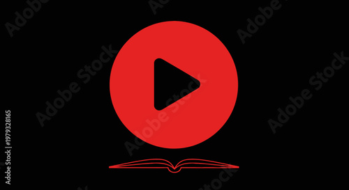 Red play button inside circle over an open book outline on a black backdrop design