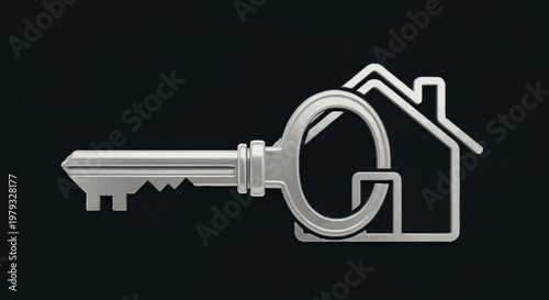 A silver key and house icon on black.