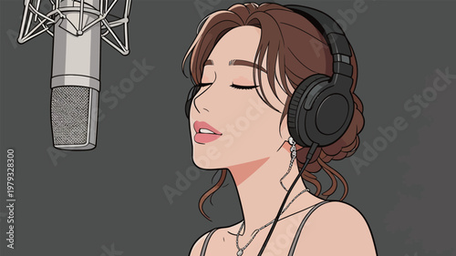 Woman with Headphones Singing in Recording Studio