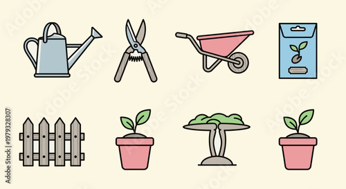 Collection of gardening tools and equipment including watering can shears wheelbarrow seeds and potted plants in flat vector graphic style