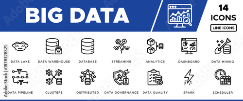 Big Data Line Icons, a comprehensive vector collection of 14 essential technology symbols for data management, analytics, and processing, ideal for modern digital projects and infographics.