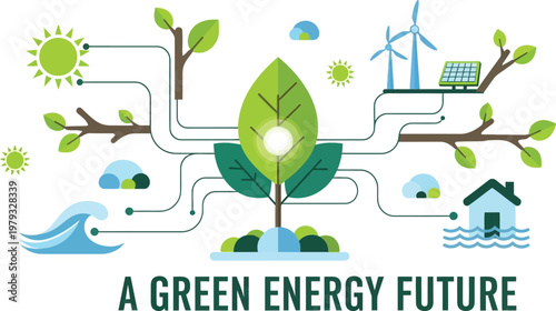 A Green Energy Future: A visually striking illustration showcasing diverse sources of sustainable energy intertwined to form a vibrant vision for the future.