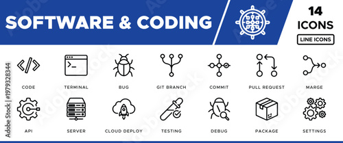 Software and Coding Line Icons, a collection of 14 essential vector symbols for programming and development. Modern UI/UX design elements for web and app interfaces.
