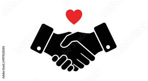 Black Handshake Icon with Red Heart Symbolizing Trust and Partnership