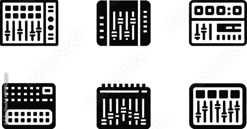 Six black audio mixing console icons on a white background audio mixer sound mixer