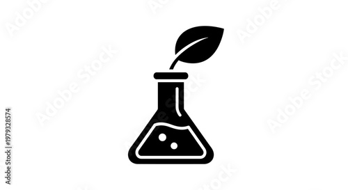 Black Laboratory Flask with Leaf Icon Symbolizing Eco Science