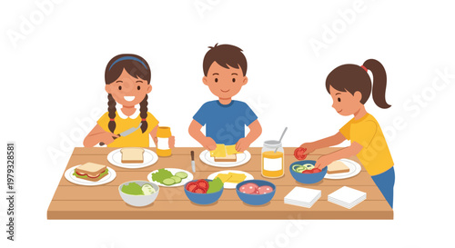 Three smiling children are gathered around a wooden table, happily assembling their own sandwiches with fresh bread, cheese, and vegetables.
