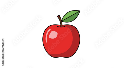 Vibrant and Colorful Illustration of a Red Apple with a Leaf on a White Background