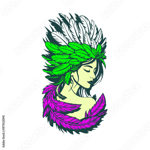 A beautiful Girl Covered with Feather Abstract Wall Potrait Vector Icon