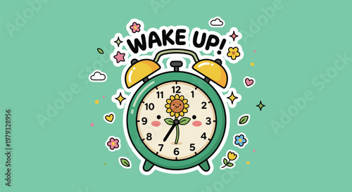 Cute cartoon alarm clock with sunflower face and wake up text surrounded by spring blossoms and stars on green background for kids morning