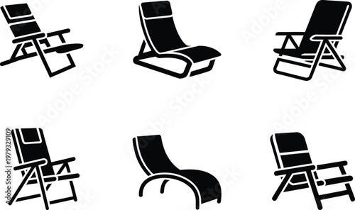 Six black lounge chair icons in different styles and perspectives on white background Keywords