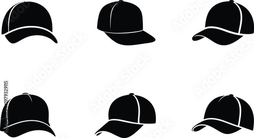 Six Black Silhouette Baseball Caps With Brims On White headwear