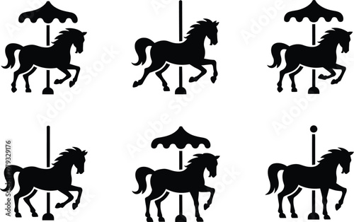 Six Black Silhouette Carousel Horses With Poles On White merry-go-round horse ride