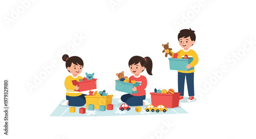 Three cheerful children are tidying up their toys into colorful storage bins on a blue mat, promoting organization and helpfulness.