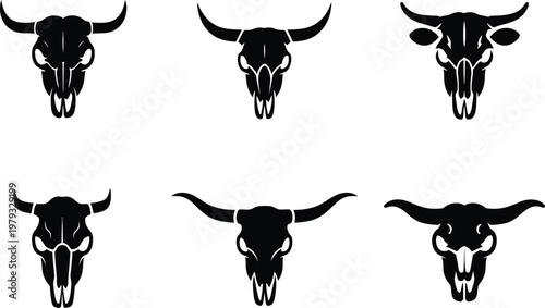 Six Black Silhouette Bull Skulls With Horns On White Background cow skull animal skull