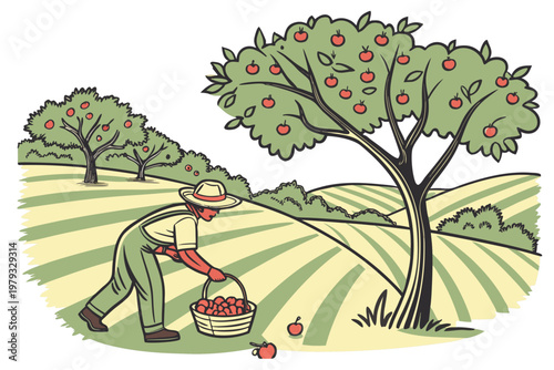 Fruit Orchard Farming Apple Trees Farmer Harvest Vector Illustration