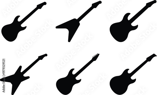 Six Black Silhouette Icons of Electric Guitars on White Background musical instrument music