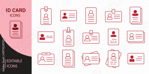 ID card related vector linear icons set. Isolated icon collection such as authentication  profile  security  confirmation  id  verification and more.