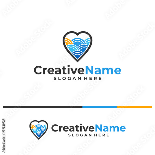 Love logo and water wave with sun design combination, Ocean logos, Travel agency logo concept.