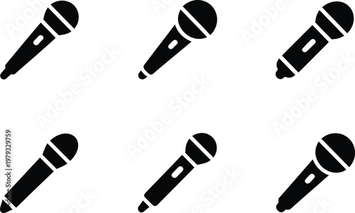 Six black silhouette icons of microphones on white background audio sound