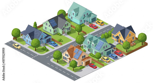 Colorful Suburban Neighborhood Street.