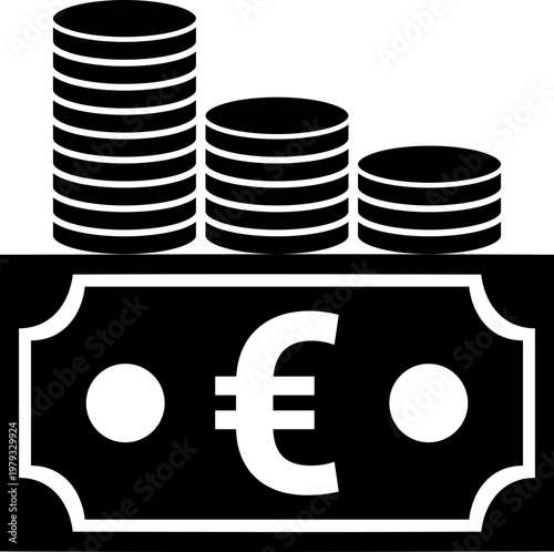 Black budget icon vector design with euro banknote and ascending coin stacks for finance, savings, investment, profit growth, wealth management, business planning, and economic success graphics