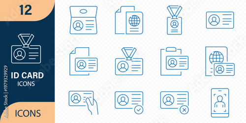 ID card related vector linear icons set. Isolated icon collection such as authentication  profile  security  confirmation  id  verification and more.