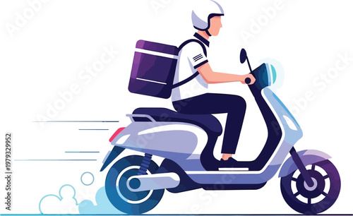 Fast Food Delivery: A courier rides a scooter with a large thermal bag on the back, delivering food quickly to customers. The motion blur suggests speed and efficiency.